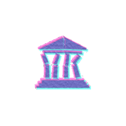 Unsettling Empire Spinning gif of the Unsettling Empire logo which is a traditional roman style building facade crumbling.